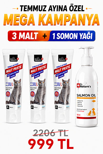 Dr. Nature's Kedi Maltı ve Somon Yağı Avantaj Seti – 3 Adet Malt Macunu + 1 A...