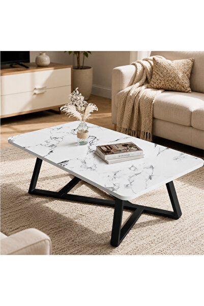NKX White Marble Stone Top Sleek Design Coffee Table For Modern Living Room S...