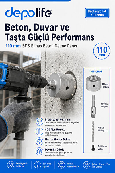 Depolife SDS Elmas Beton Delme Pançı 110mm Beton Duvar Taş Delme Ucu Profesyo...