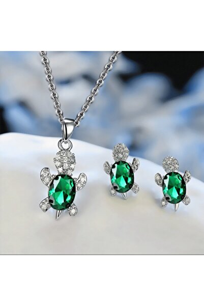 Choice Green 3pcs Silver-plated Necklace Earrings Set Ladies Light Luxury Fas...