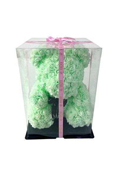 velve Ursulet floral din trandafiri spuma verde menta, 40 cm, in cutie cadou ...