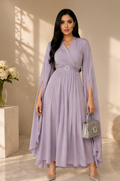 FIRST STYLE فستان ميدي باللون البنفسجي تصميم لف بقصة أكمام أنيقة