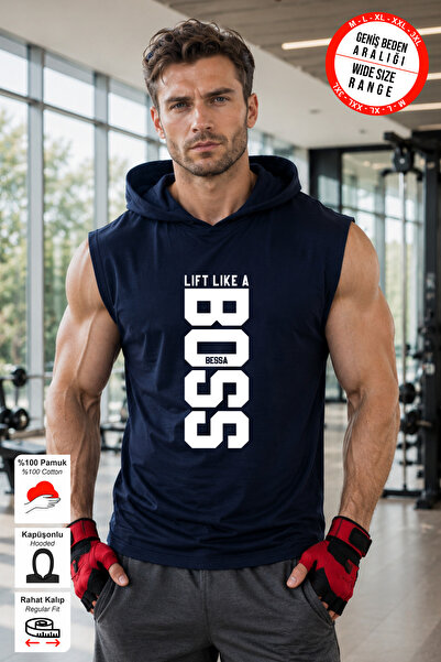 BESSA Men's Like Lift Printed Navy Blue Oversize Crew Neck Cotton Hooded Slee...