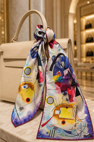 Yellow-Red-Blue Desenli Mini İpek Fular | 18 x 92 cm