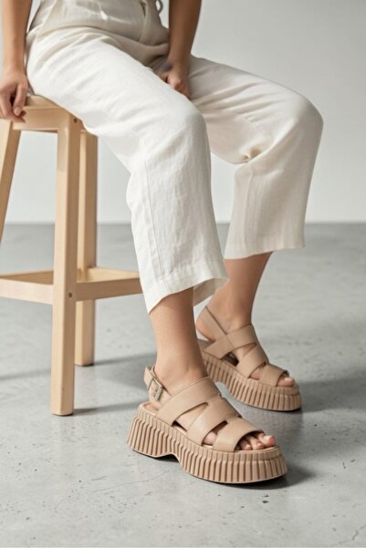 TUNAELLİ Women's Nude Genuine Natural Leather Sandals Size 36-41