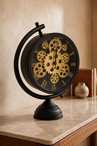 Frapan Home Glx Premium Metal Dekoratif Masa Saati Siyah Gold Hareketli Çarkl...