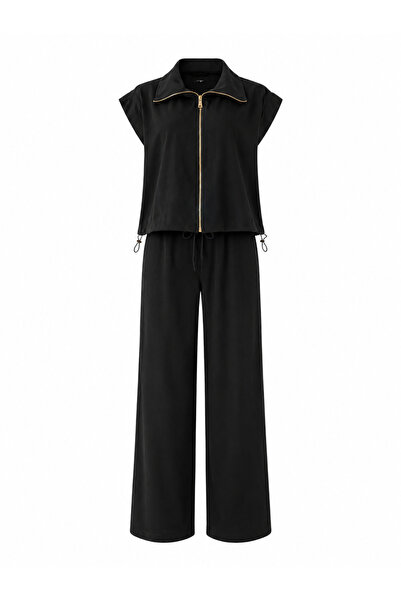 Laluvia Black Parachute Fabric Detailed Modal Double Suit - 4110
