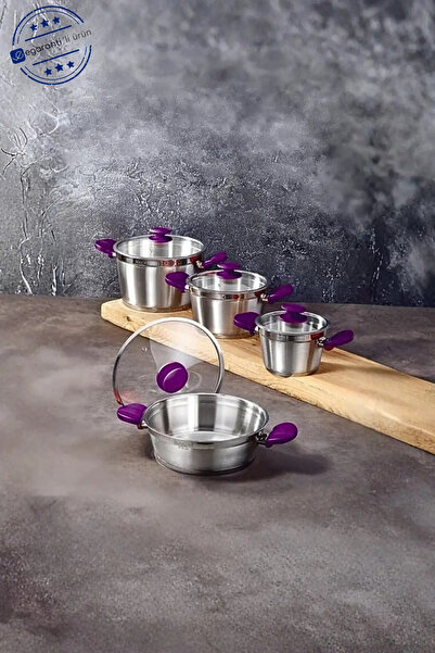 Bonera Etna Color Steel Deep Pot Set 8 Pieces (18-20-24-26 cm) - with Glass L...