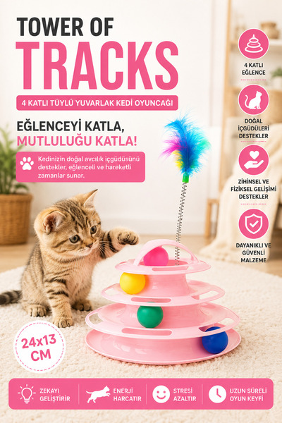 Glipet Tower Of Tracks 4 Katlı Tüylü Yuvarlak Kedi Oyuncağı 24 X 13 Cm Pembe