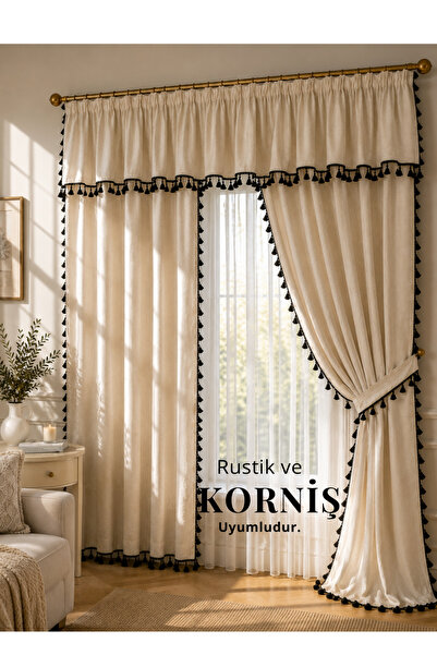 perde plus Tasseled, Colored Curtain Set – Set of 3, Rustic & Cornice Compatible