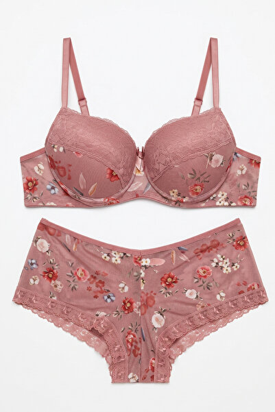 NurPeri İç Giyim Pink Flower Patterned Salmon Color Women's Boxer Type Underw...