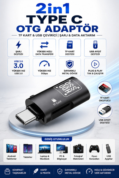 Polham 2in1 Type C To Tf Kart Ve Usb Çevirici Otg Adaptör, Şarj Ve Data Aktar...