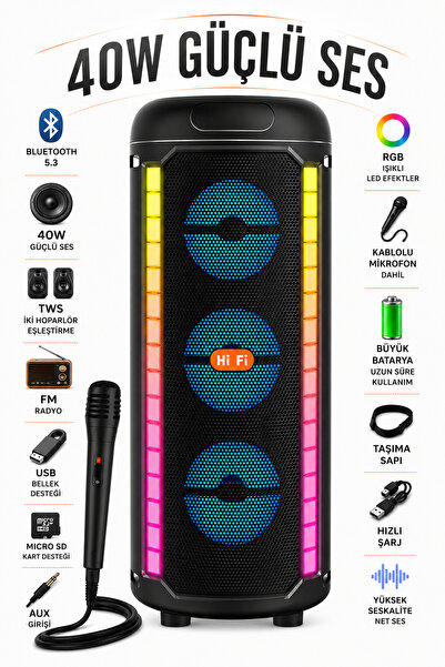 Zineets Bluetooth Hoparlör Parti Hoparlörü Karaoke Mikrofon Hediyeli Işıklı S...