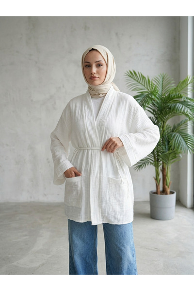 Generic Brand Lunsera Women's Muslin Fabric Pocketed Kimono with Tie Long Sle...
