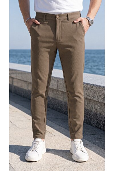 Gussi Pánské kvalitní pružné lycrové Slim Fit plátěné kalhoty v hnědé barvě