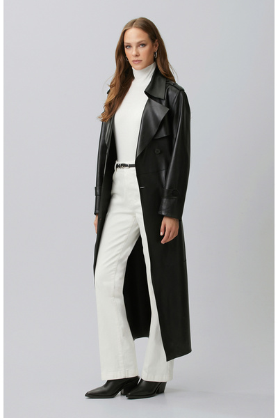 Network Siyah Kruvaze Kapama Deri Pardösü