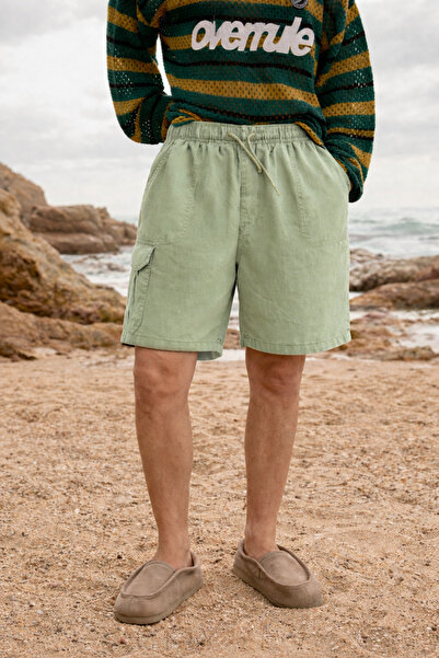 DAMGA JEANS Men's Low Waist Premium Cargo Pocket A.Green Linen Shorts