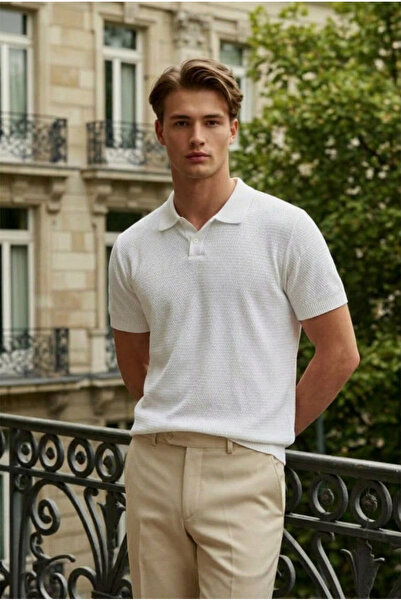 DAMGA JEANS تي شيرت رجالي صيفي بأكمام قصيرة وياقة بولو باللون الأبيض