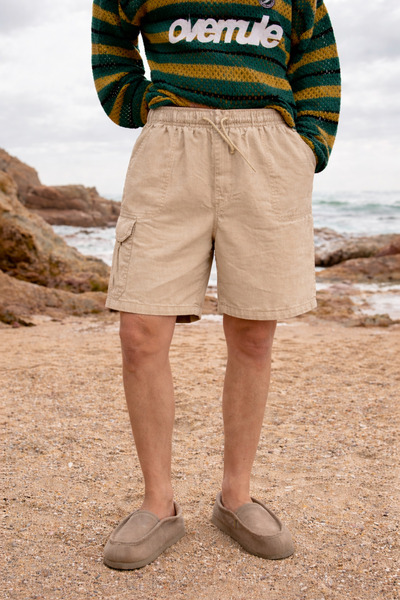 DAMGA JEANS Men's Low Waist Premium Cargo Pocket Beige Linen Shorts