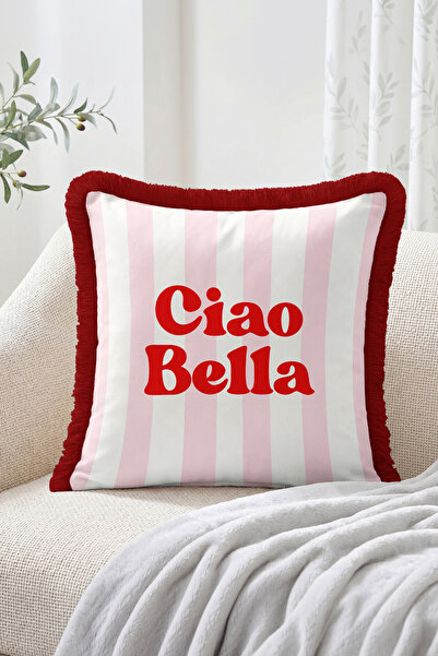 Realhomes Ciao Bella Written Vertical Stripes Retro Design Fringed Throw Pill...