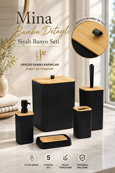 Store طقم حمام HGY Home Real Bamboo Detailed Mina Square أسود مكون من 5 قطع