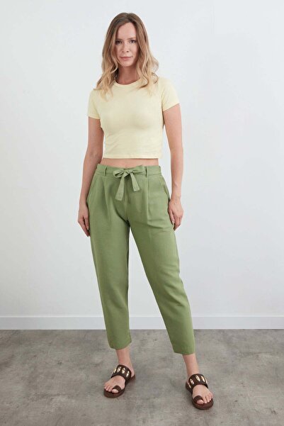 Fulla Moda Beli Bağlamalı Straight Keten Pantolon