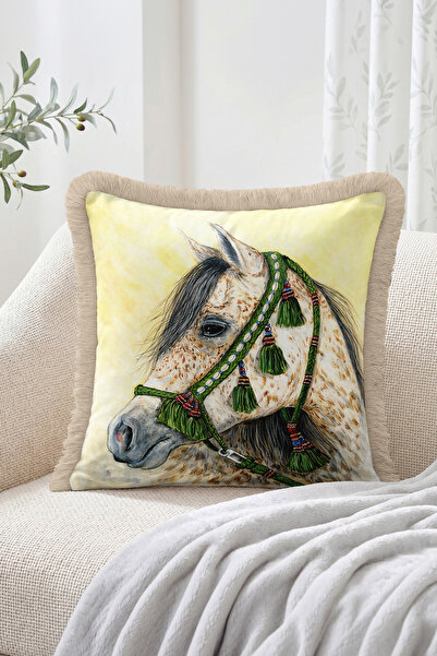 Realhomes Beige and Yellow Fringed Throw Pillow Cover with Green Tassels and ...