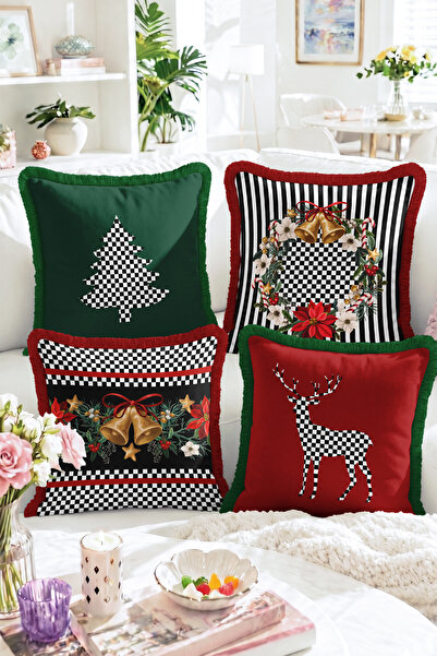 Realhomes Christmas Deer, Pine Tree and Bell Patterned 4-Piece Fringed Throw ...