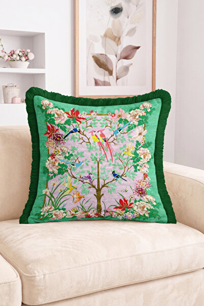 Realhomes Bird and Flower Garden Patterned Green Floor Fringed Throw Pillow C...