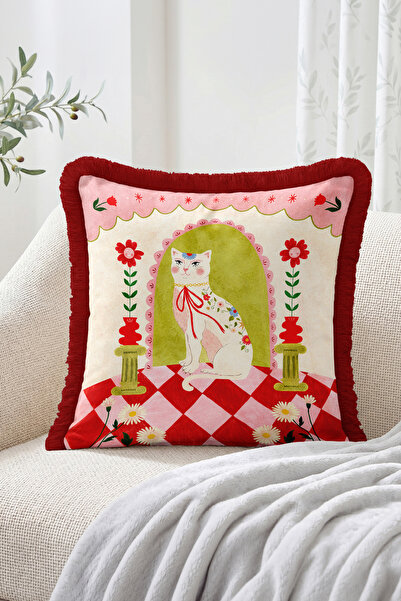 Realhomes Floral Cat Illustration Checkered Pattern Fringed Throw Pillow Cove...