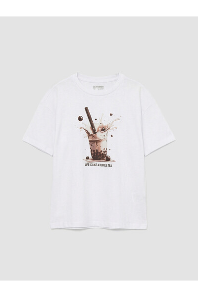 LC Waikiki Trendlucky Girls' T-Shirt with Oval Collar and Printed Design