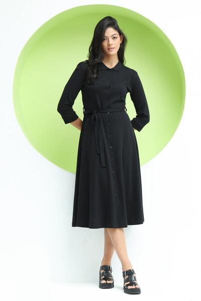 Polo State Women's Polo Neck Buttoned Waist Belted Long Dress Black