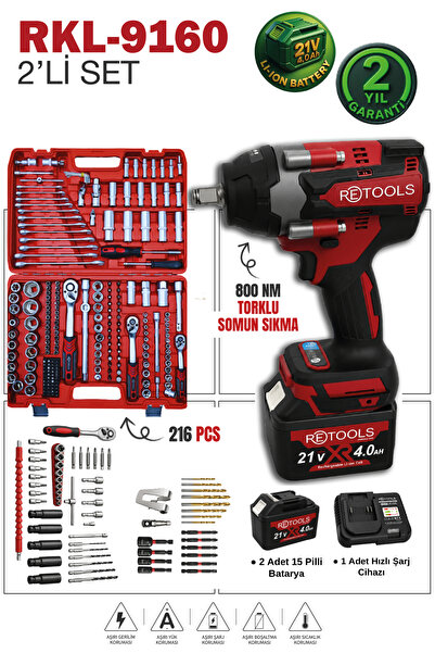 RETOOLS BORDO 2’Lİ SET (BORDO 800 NM TORKLU (15 PİLLİ) – BORDO 216 PARÇA LOKM...