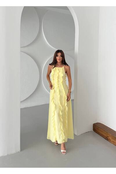 MADAME MELEK Rochie de damă cu volane, lungime maxi, cu detalii multisifon