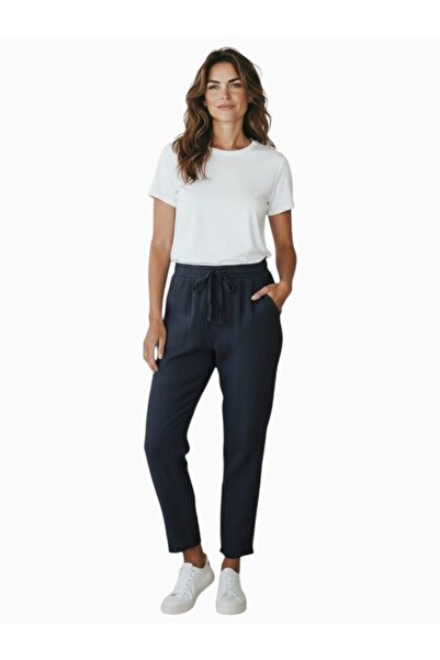 MODA Women's Elastic Waist Narrow Leg Muslin Linen Trousers