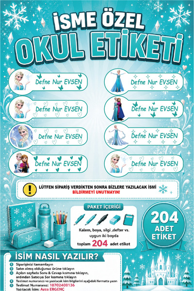 Ayza Tasarım Elsa Kalem Defter Kitap Okul Etiketi Isim Etiketi Kişiye Özel Ya...