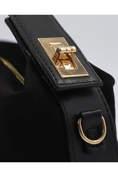 lalettobags Women's Black Lilyum Model Lock Detailed Linen Hand & Crossbody Bag