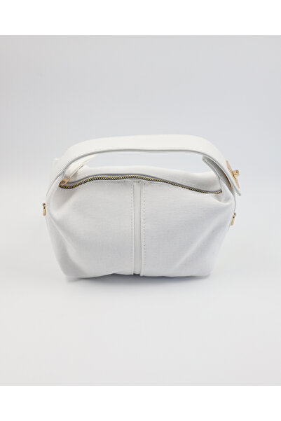 lalettobags Women's White Lilyum Model Lock Detailed Linen Hand & Crossbody Bag