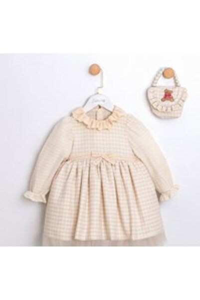 Cumino Girl's Dress with Bag and Collar Detail, Ages 2-5, Brown