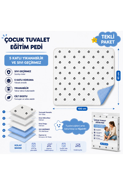 CDE Desenli Çocuk Tuvalet Eğitim Pedi 85X100 cm 5 Katlı Yıkanabilir Sıvı Geçi...