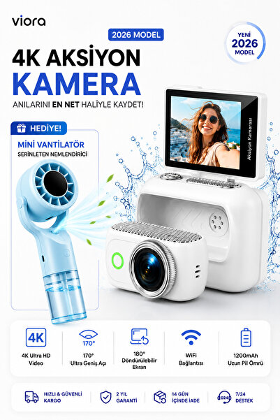 TARÇIN Viora 4K Aksiyon Kamerası Mini 180° Döner Ekran WiFi App Geniş Açı Taş...