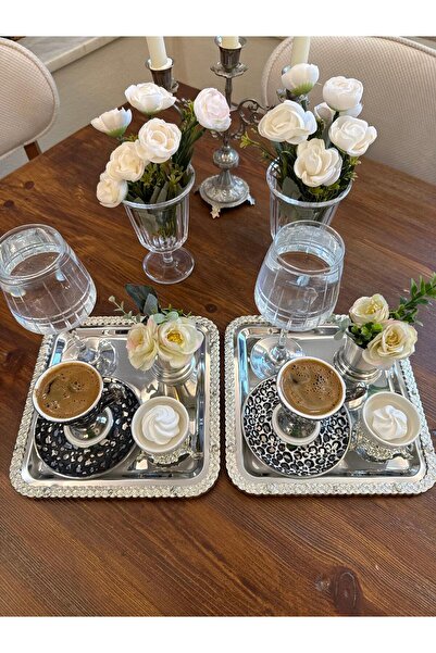 atabey home collection 6 ADET SUNUM TEPSİSİ KARE HASIR FULL GÜMÜŞ TEPSİ 22 CM