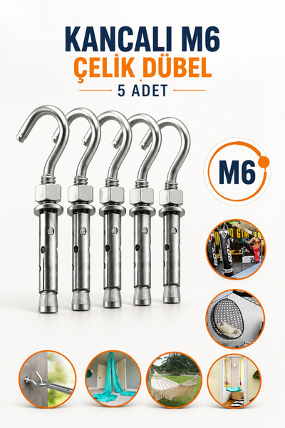 NZB Kancalı Çelik Dübel M6 (5 ADET) Salıncak Boks Torbası Avize İçin Gömlekli...