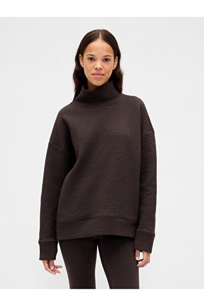 GAP Kadın Kahverengi GapFit Karo Desenli Jakarlı Triko Funnel-Neck Sweatshirt