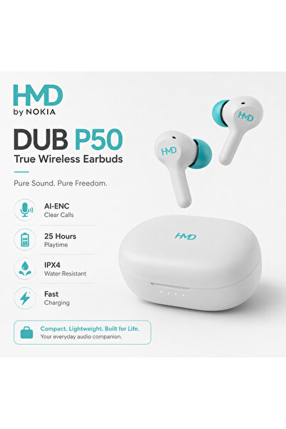 Hmd DUB P50 True Wireless Earbuds, 6mm Drivers, 2 Mic AI-ENC, Pocketable, 25H...