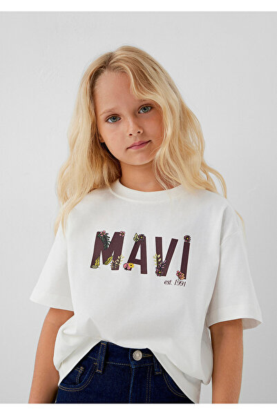 Mavi Logo Baskılı Ekru Tişört Loose Fit / Bol Rahat Kesim 7610484-80194