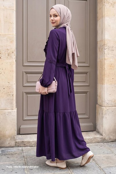 InStyle Lace Detailed Belted Purple Dress