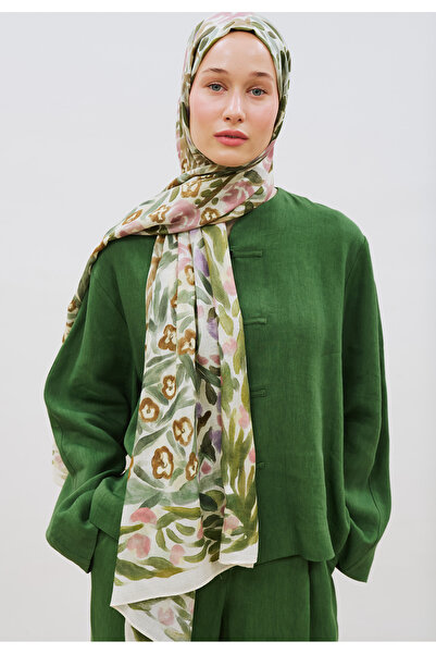 Freshscarfs Floral Whimsy Pattern Hemp Viscose Shawl Green