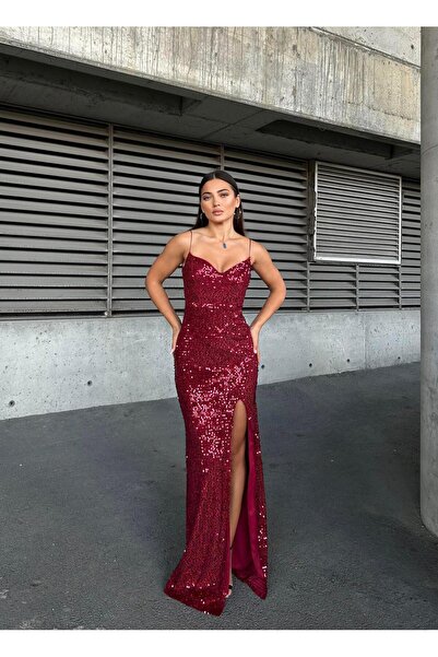 SELİN MODA EVİ Trend Yırtmaçlı Kadife Pulpayet Elbise Bordo 583293