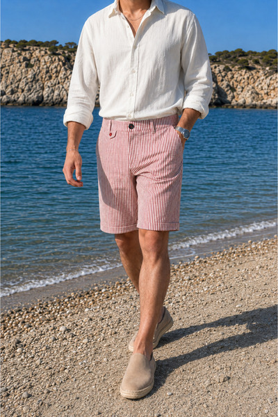 inpool Men's White-Red Slim Fit Seersucker Striped Casual Stretch Shorts with...